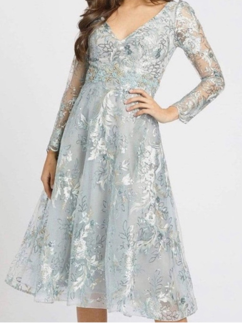 Mac Duggal Silver Embellished Illusion Long Sleeve A Line Dress